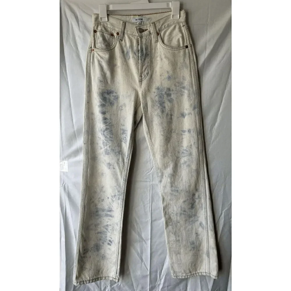 RE/DONE 90s High Rise Loose Straight Leg Jeans in Sunbleached Tie Dye Size 24